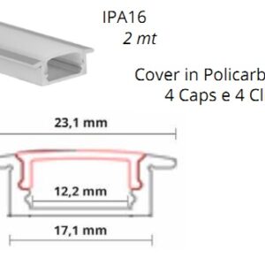 Profilo Alluminio Incasso 2mt completo di cover Opaca, Tappi e Clip